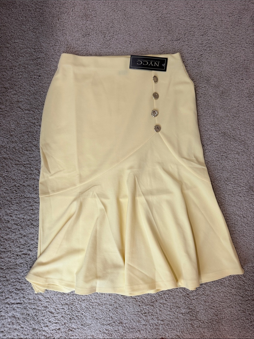 New York & Company Light Yellow A-Line Flared Midi Skirt with Button Accent